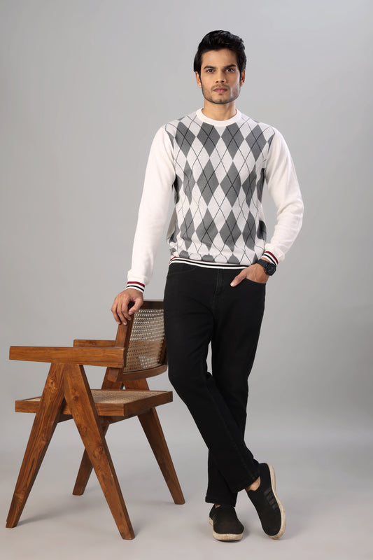 Tim Cooper Switzerland Men’s Argyle Knit Pullover Sweater in White and Grey