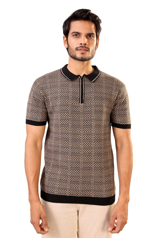 Tim Cooper Switzerland Men’s Beige & Black Geometric Knit Sweat T-Shirt