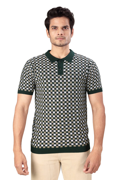Tim Cooper Switzerland Men’s Green Checkered Knit Polo T-Shirt