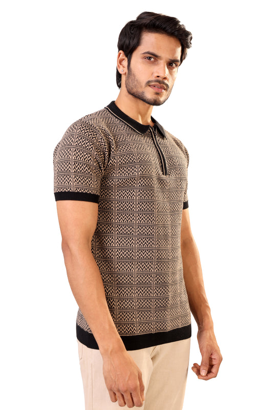 Tim Cooper Switzerland Men’s Beige & Black Geometric Knit Sweat T-Shirt
