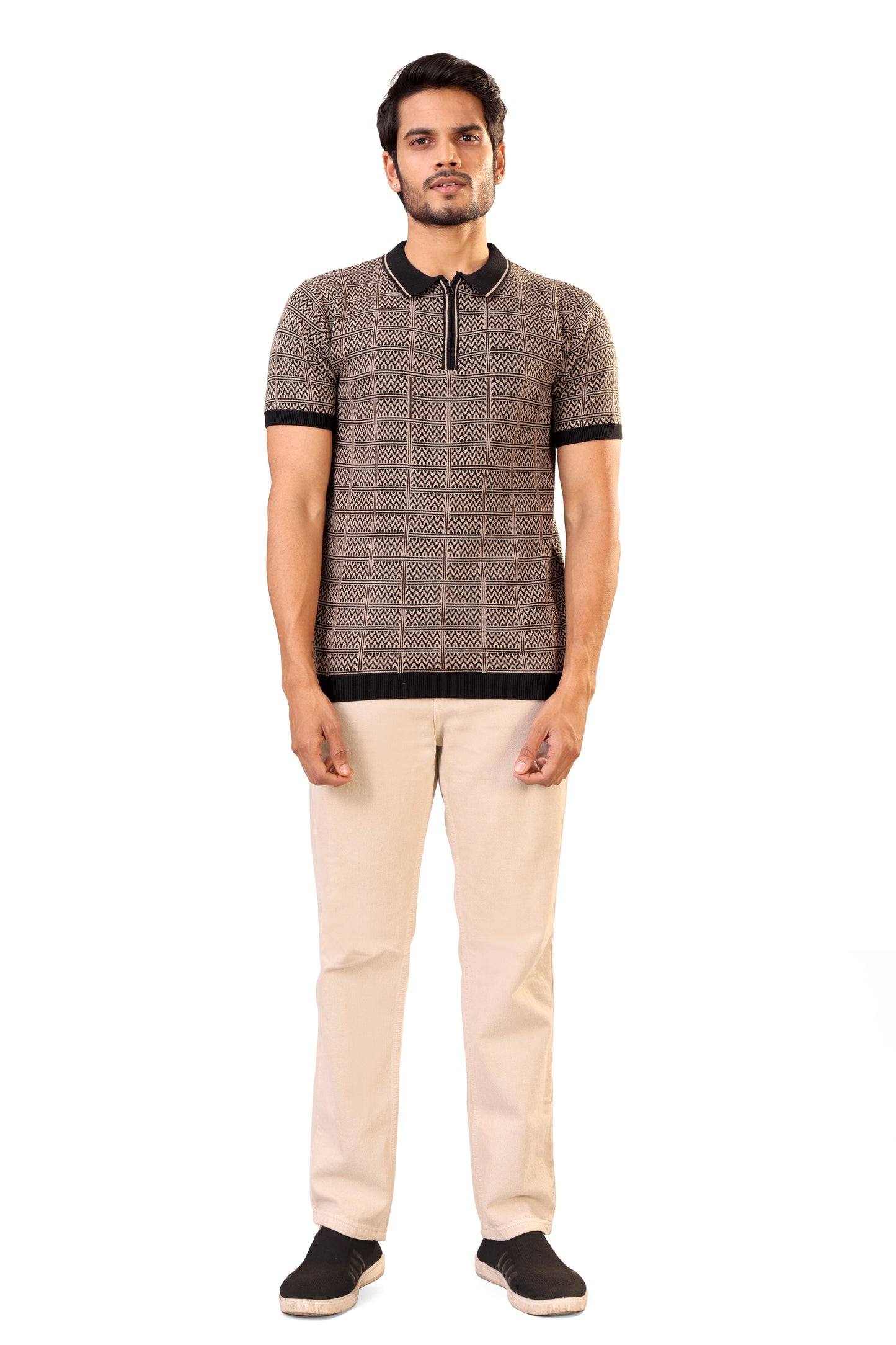 Tim Cooper Switzerland Men’s Beige & Black Geometric Knit Sweat T-Shirt