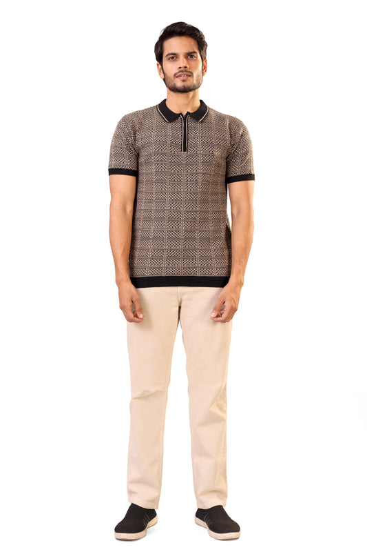 Tim Cooper Switzerland Men’s Beige & Black Geometric Knit Sweat T-Shirt