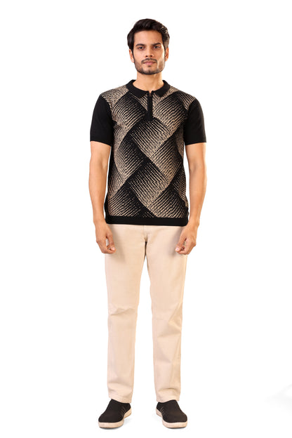 Tim Cooper Switzerland Men’s Black Textured Knit Sweat with Beige Geometric Pattern