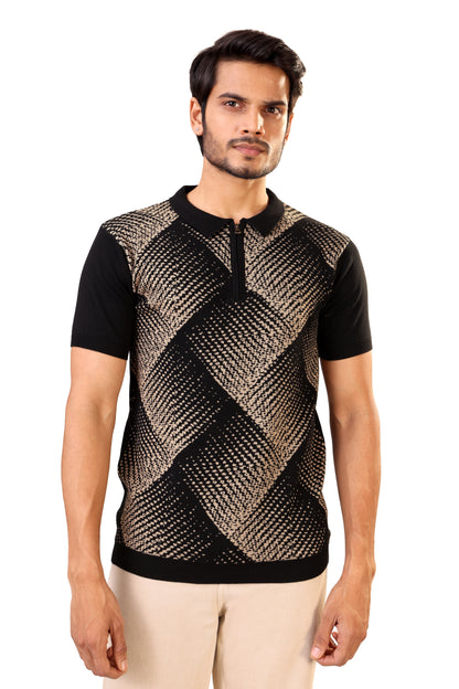 Tim Cooper Switzerland Men’s Black Textured Knit Sweat with Beige Geometric Pattern