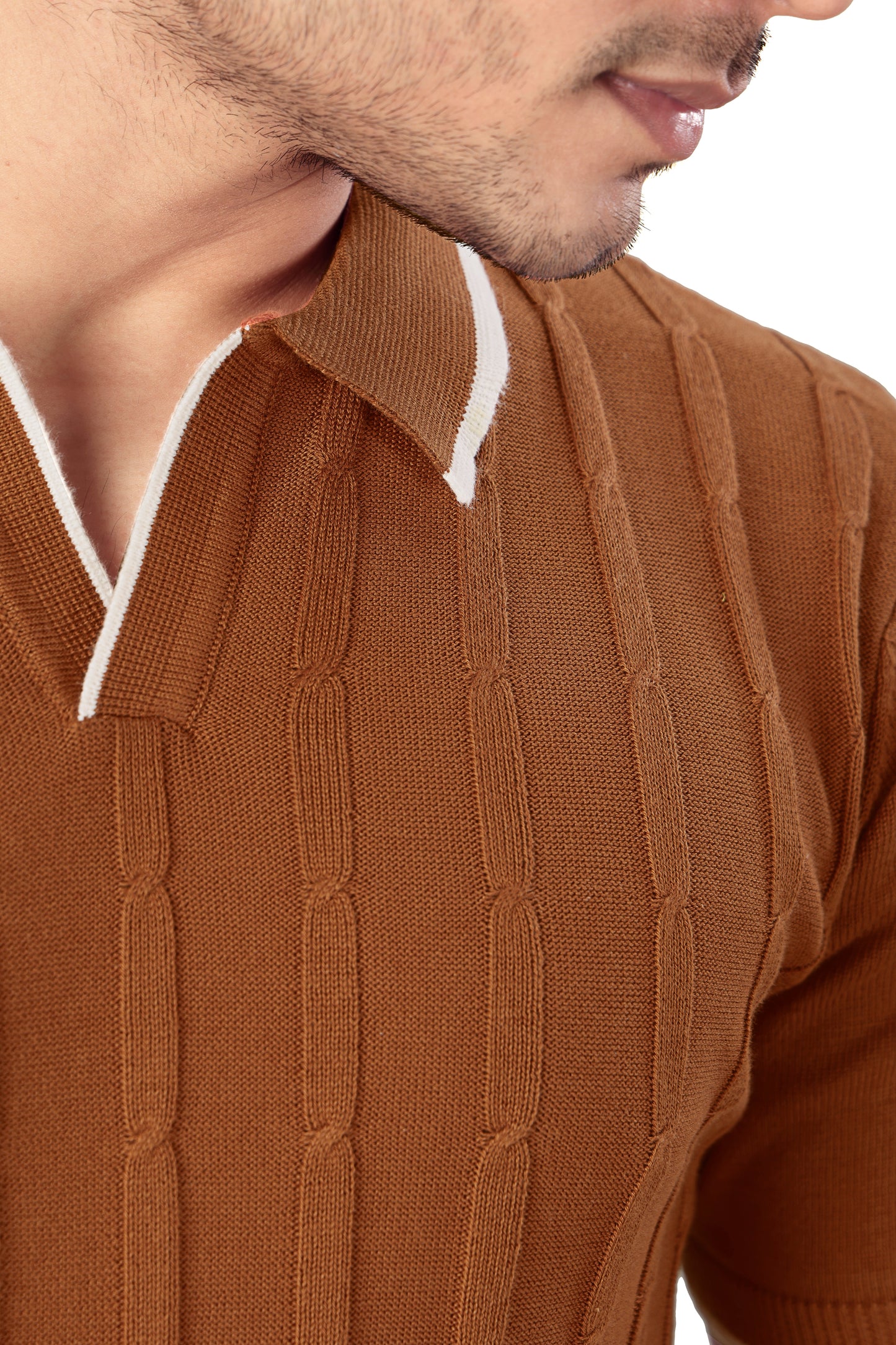 Tim Cooper Switzerland Rust Cable-Knit Polo T-Shirt with Contrast Trim