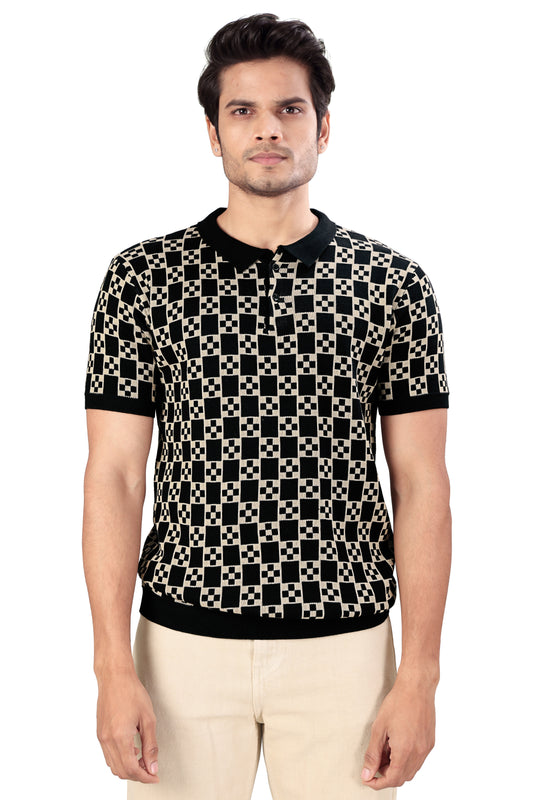 Tim Cooper Switzerland Men’s Black & Beige Geometric Knit Polo T-Shirt