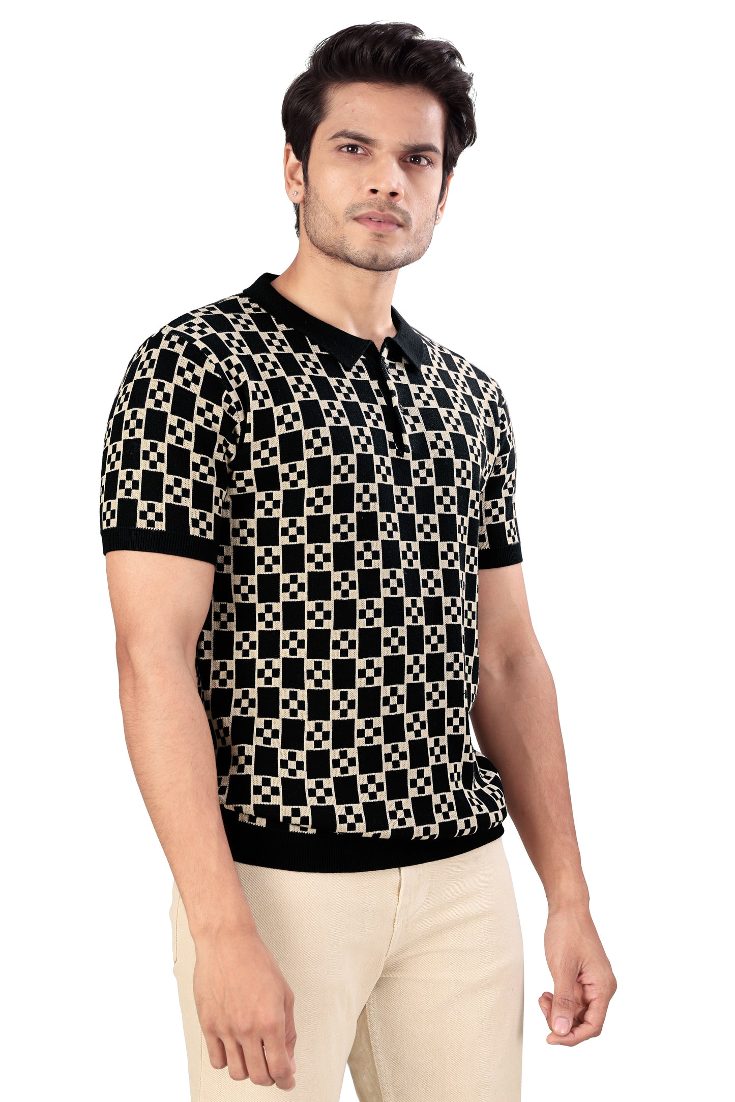Tim Cooper Switzerland Men’s Black & Beige Geometric Knit Polo T-Shirt