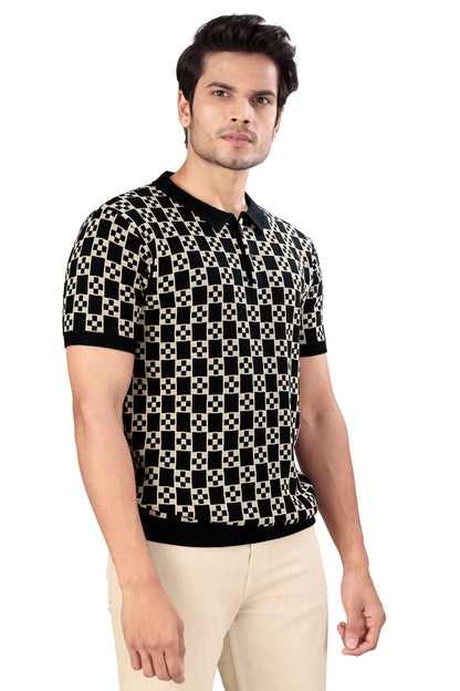 Tim Cooper Switzerland Men’s Black & Beige Geometric Knit Polo T-Shirt