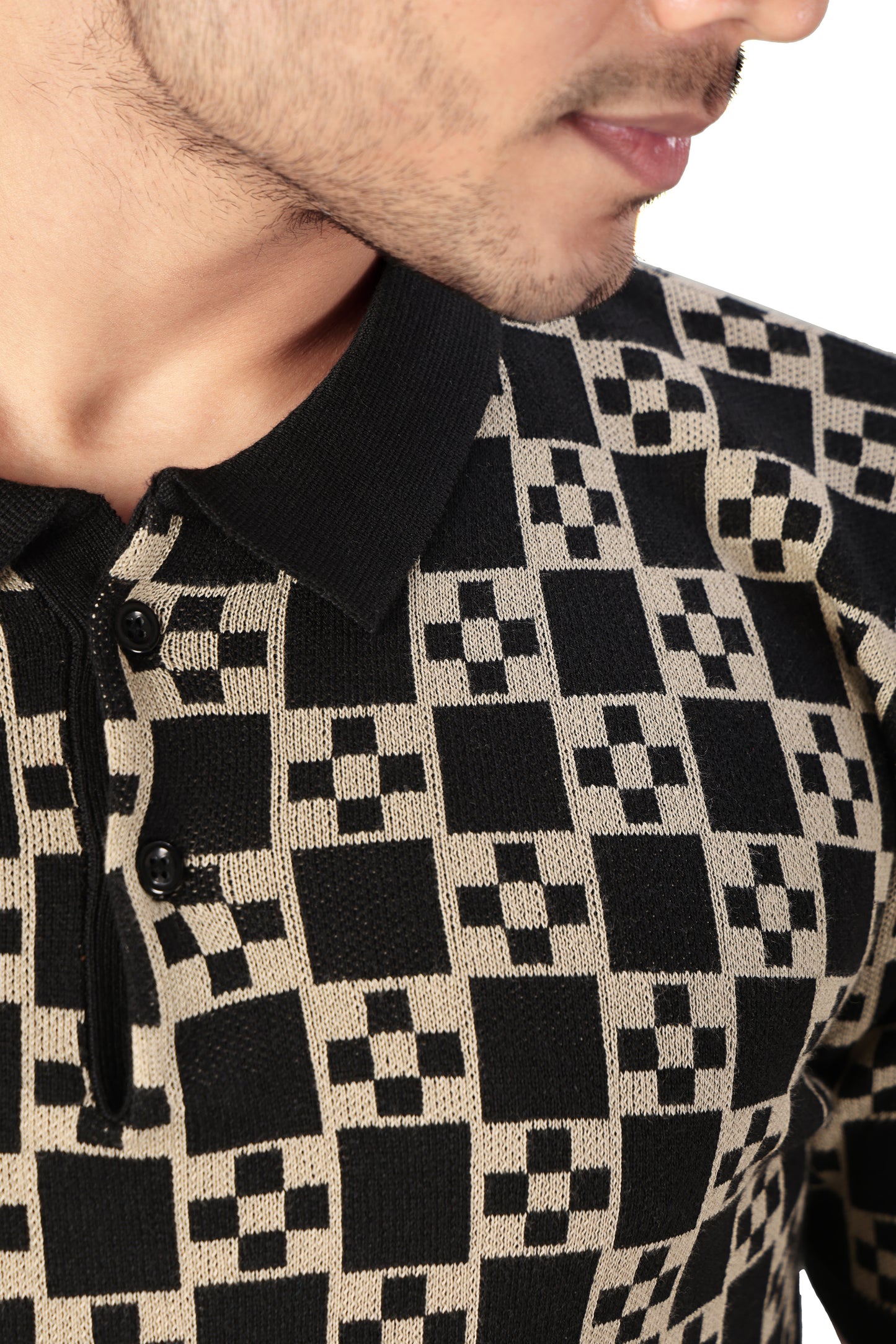 Tim Cooper Switzerland Men’s Black & Beige Geometric Knit Polo T-Shirt