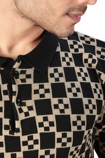 Tim Cooper Switzerland Men’s Black & Beige Geometric Knit Polo T-Shirt