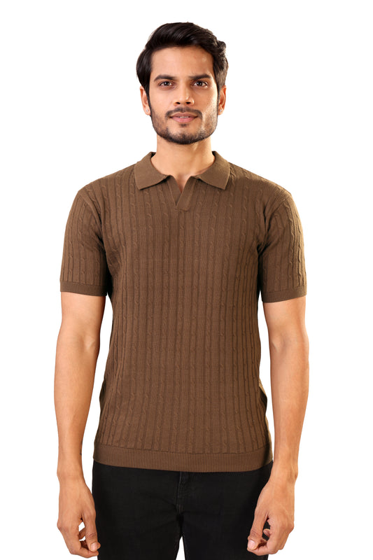Tim Cooper Switzerland Men’s Short-Sleeve Cable-Knit Sweat T-Shirt – Brown