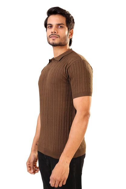 Tim Cooper Switzerland Men’s Short-Sleeve Cable-Knit Sweat T-Shirt – Brown