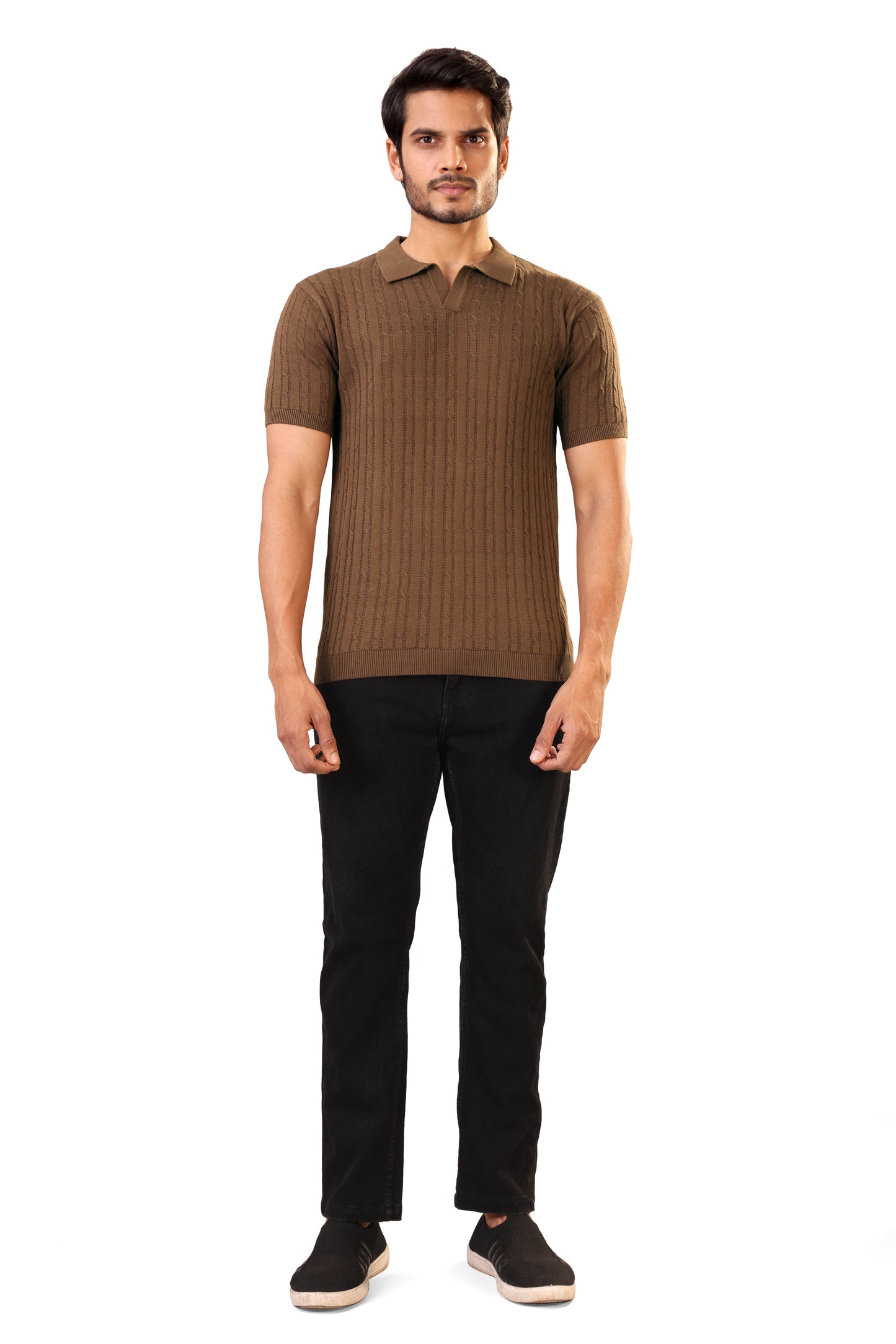 Tim Cooper Switzerland Men’s Short-Sleeve Cable-Knit Sweat T-Shirt – Brown
