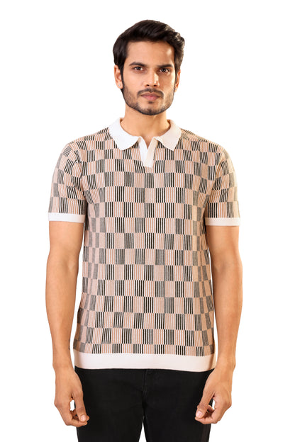 Tim Cooper Switzerland Men’s Textured Knit Sweat T-Shirt – Beige & Black Check Pattern