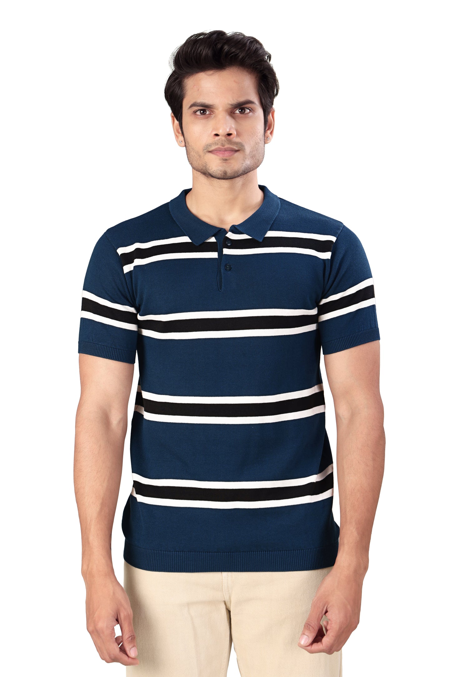 Tim Cooper Switzerland Men’s Blue Striped Knit Polo T-Shirt
