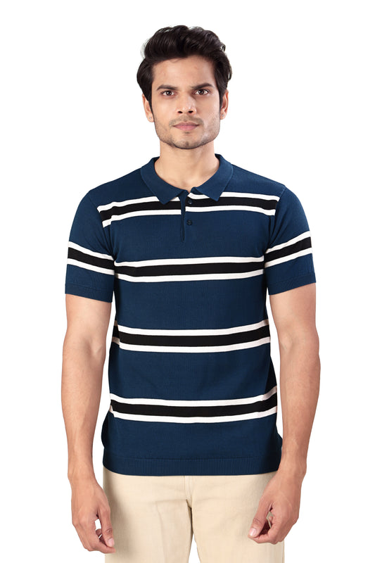 Tim Cooper Switzerland Men’s Blue Striped Knit Polo T-Shirt