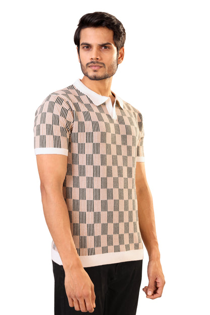 Tim Cooper Switzerland Men’s Textured Knit Sweat T-Shirt – Beige & Black Check Pattern