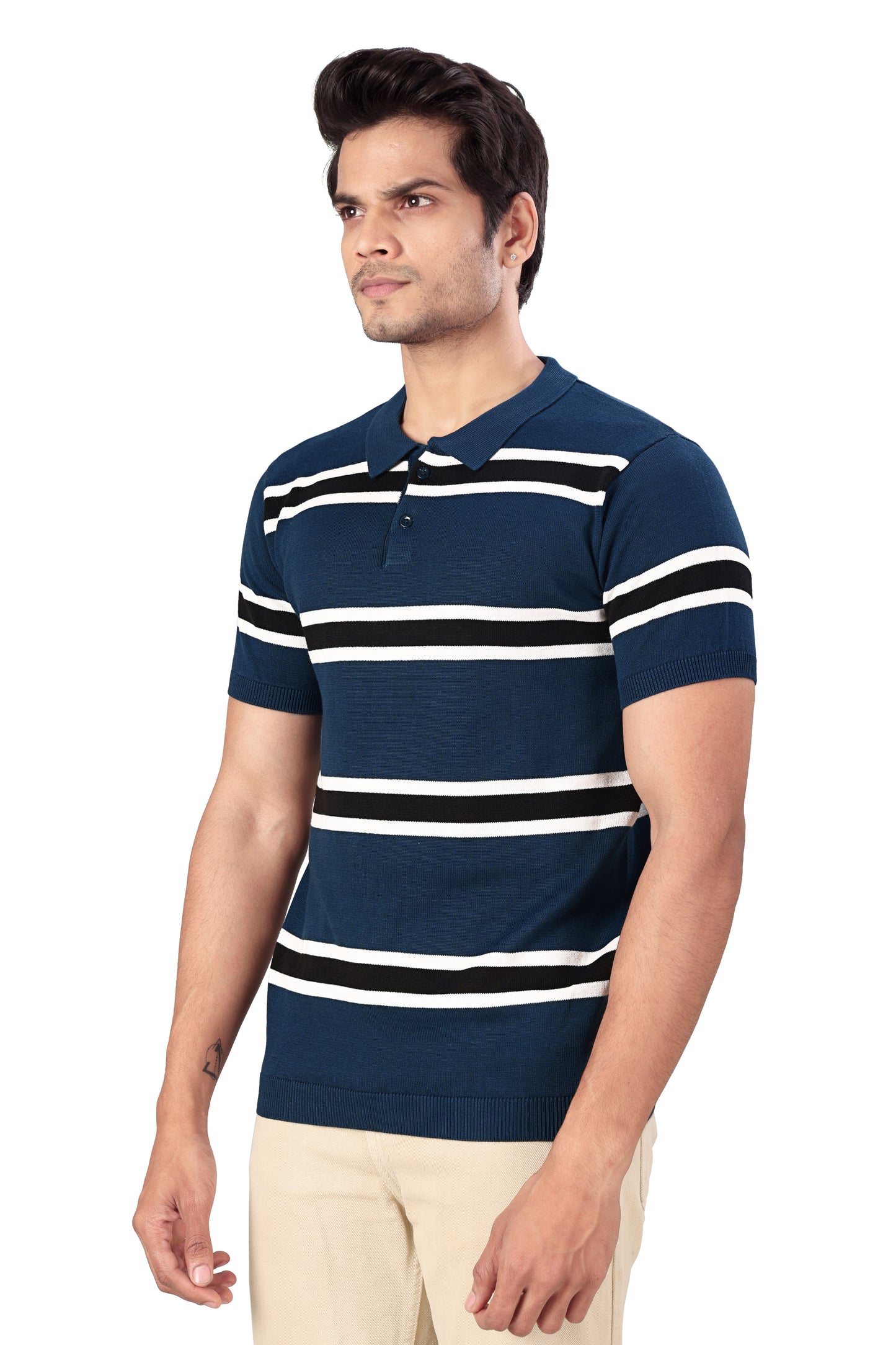 Tim Cooper Switzerland Men’s Blue Striped Knit Polo T-Shirt