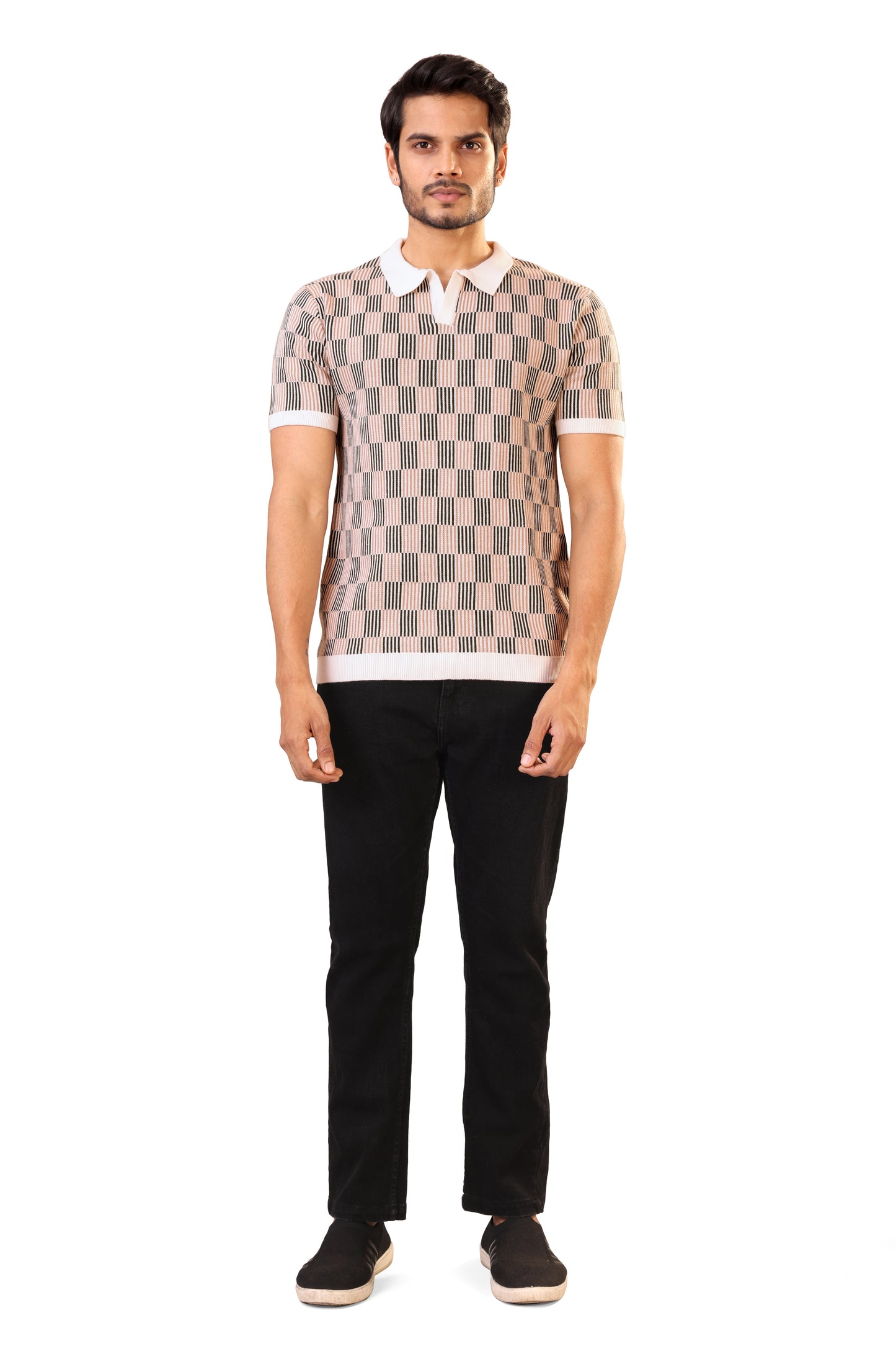 Tim Cooper Switzerland Men’s Textured Knit Sweat T-Shirt – Beige & Black Check Pattern