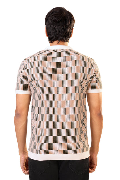 Tim Cooper Switzerland Men’s Textured Knit Sweat T-Shirt – Beige & Black Check Pattern