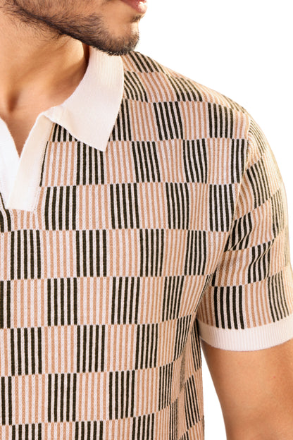 Tim Cooper Switzerland Men’s Textured Knit Sweat T-Shirt – Beige & Black Check Pattern