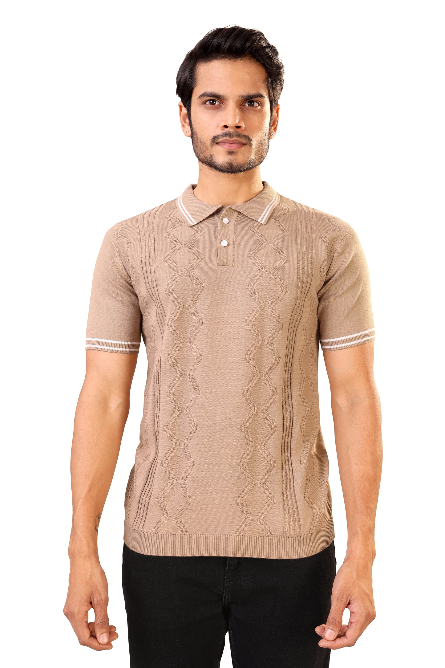 Tim Cooper Switzerland Men’s Beige Textured Knit Sweat T-Shirt