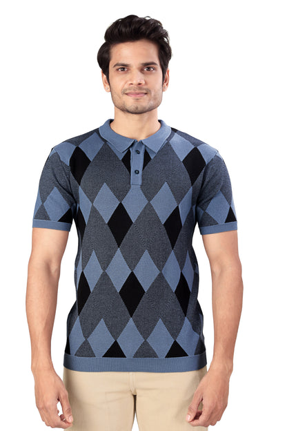 Tim Cooper Switzerland Men’s Blue Argyle Knit Polo T-Shirt