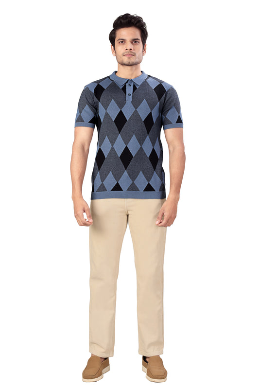 Tim Cooper Switzerland Men’s Blue Argyle Knit Polo T-Shirt