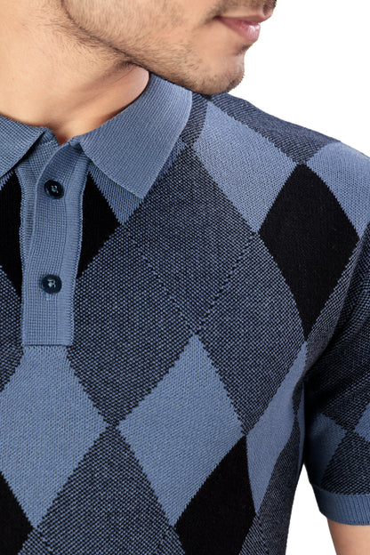 Tim Cooper Switzerland Men’s Blue Argyle Knit Polo T-Shirt