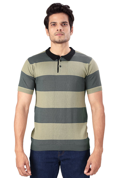Tim Cooper Switzerland Men’s Olive Green Striped Knit Polo T-Shirt