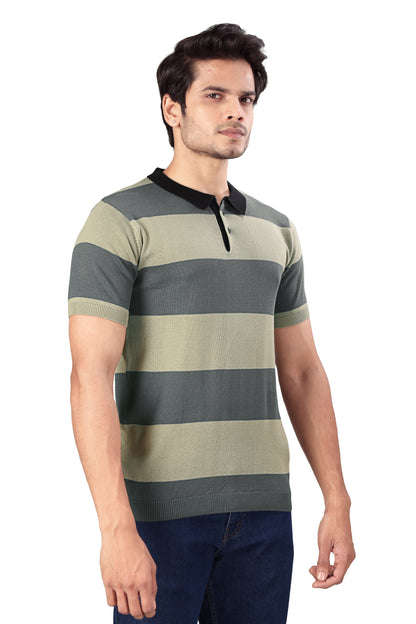 Tim Cooper Switzerland Men’s Olive Green Striped Knit Polo T-Shirt
