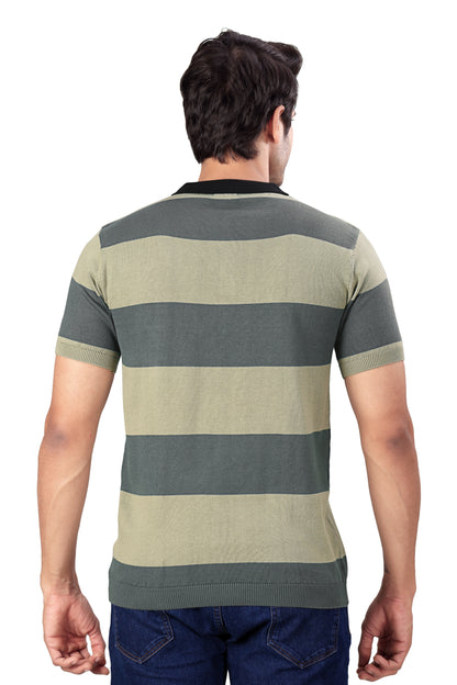 Tim Cooper Switzerland Men’s Olive Green Striped Knit Polo T-Shirt