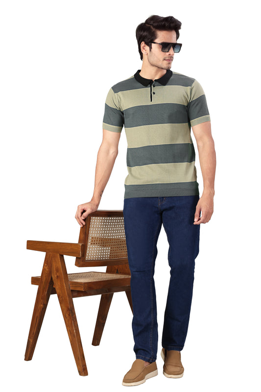 Tim Cooper Switzerland Men’s Olive Green Striped Knit Polo T-Shirt
