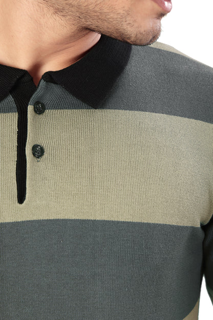 Tim Cooper Switzerland Men’s Olive Green Striped Knit Polo T-Shirt