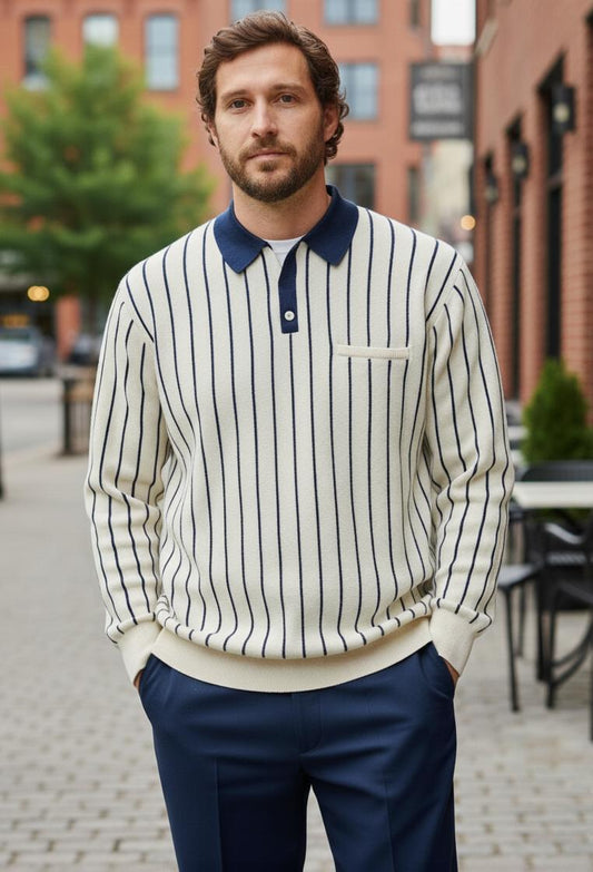 Tim Cooper Switzerland Navy-Striped Knit Polo Sweater