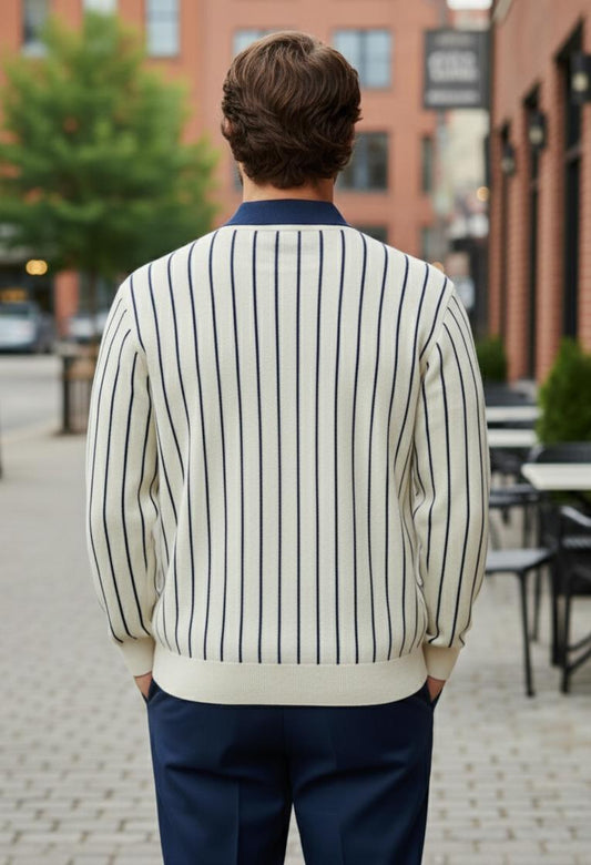 Tim Cooper Switzerland Navy-Striped Knit Polo Sweater