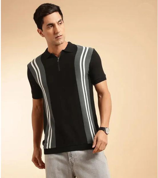 Tim Cooper Switzerland Black Vertical Stripe Knit Sweat T-Shirt