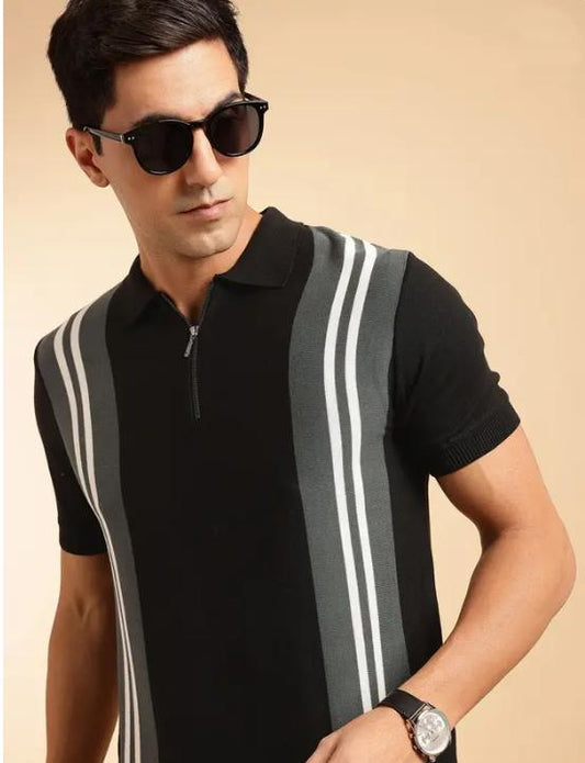 Tim Cooper Switzerland Black Vertical Stripe Knit Sweat T-Shirt