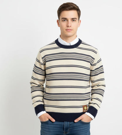 Tim Cooper Switzerland Cream and Navy Striped Knit Sweater