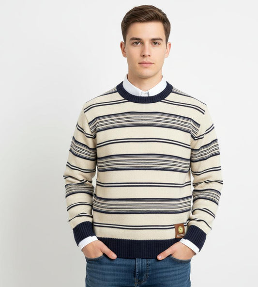 Tim Cooper Switzerland Cream and Navy Striped Knit Sweater