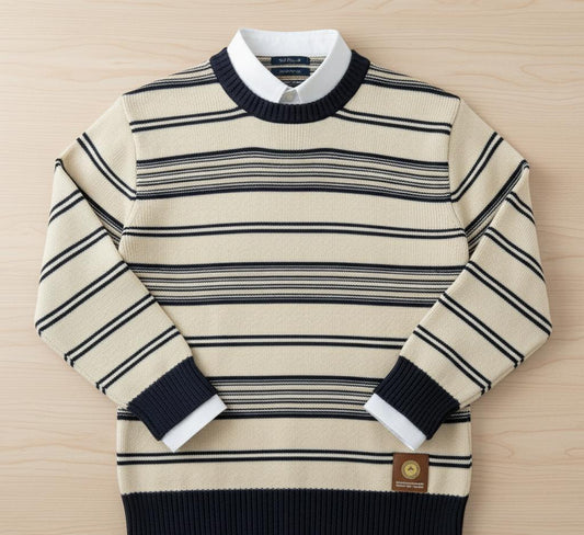 Tim Cooper Switzerland Cream and Navy Striped Knit Sweater
