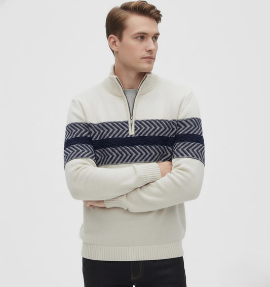 Tim Cooper Switzerland White Half-Zip Sweater with Navy Chevron Pattern