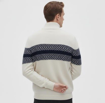 Tim Cooper Switzerland White Half-Zip Sweater with Navy Chevron Pattern