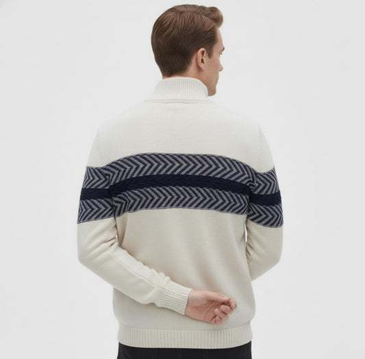 Tim Cooper Switzerland White Half-Zip Sweater with Navy Chevron Pattern