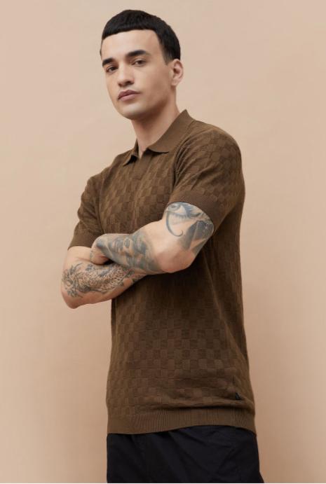 Tim Cooper Switzerland Brown Checkered Knit Sweat T-Shirt
