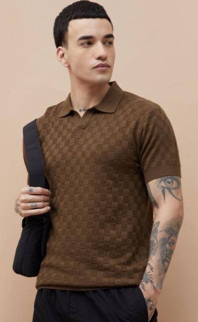 Tim Cooper Switzerland Brown Checkered Knit Sweat T-Shirt