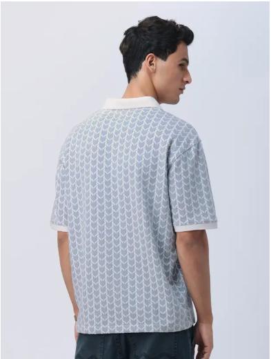 Tim Cooper Switzerland Light Blue Patterned Sweat T-Shirt with White Collar