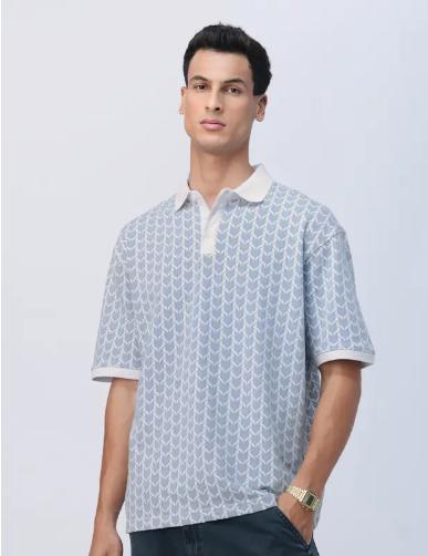 Tim Cooper Switzerland Light Blue Patterned Sweat T-Shirt with White Collar